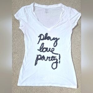 Express White Graphic Tee with Black Ruffle Chiffon Text Size Medium